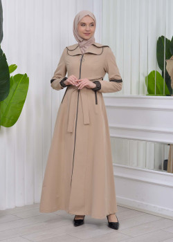 مانطو نسائي للمحجبات باراشوت مع حزام و طاقية 1211 - بيج