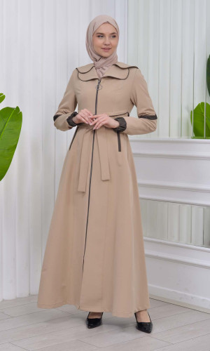 مانطو نسائي للمحجبات باراشوت مع حزام و طاقية 1211 - بيج