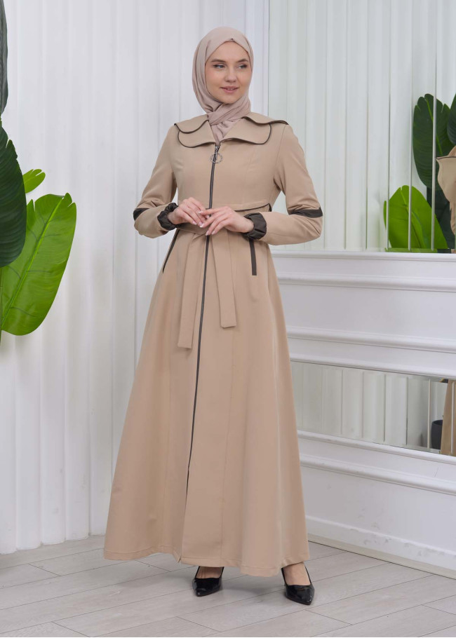 Belted Hooded Hijab Parachute Topcoat 1211 Bej