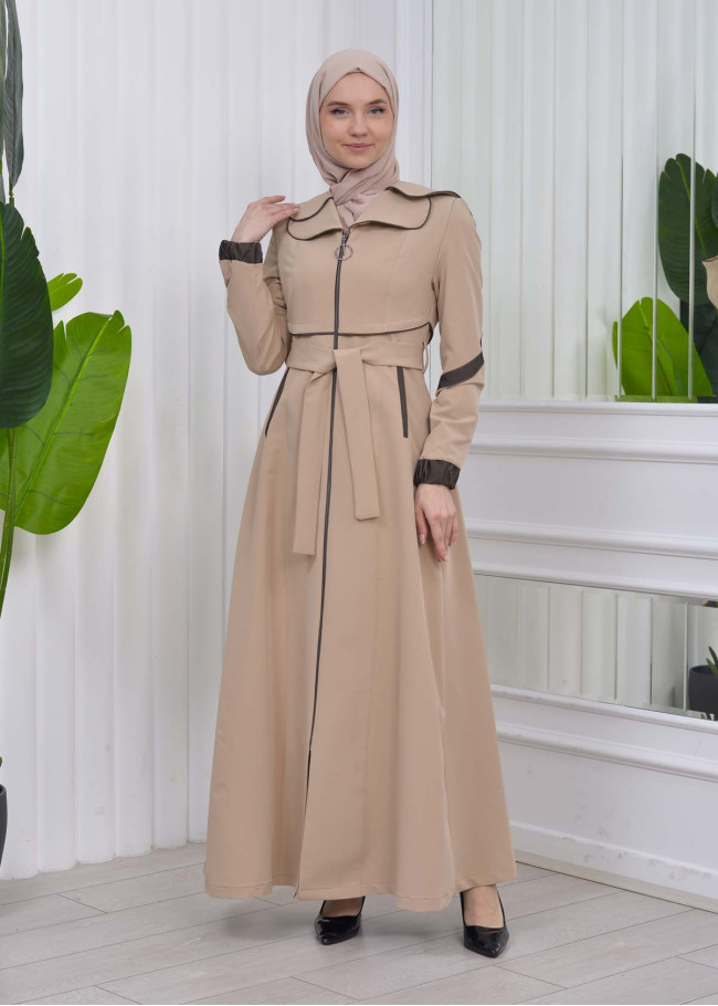 Belted Hooded Hijab Parachute Topcoat 1211 Bej