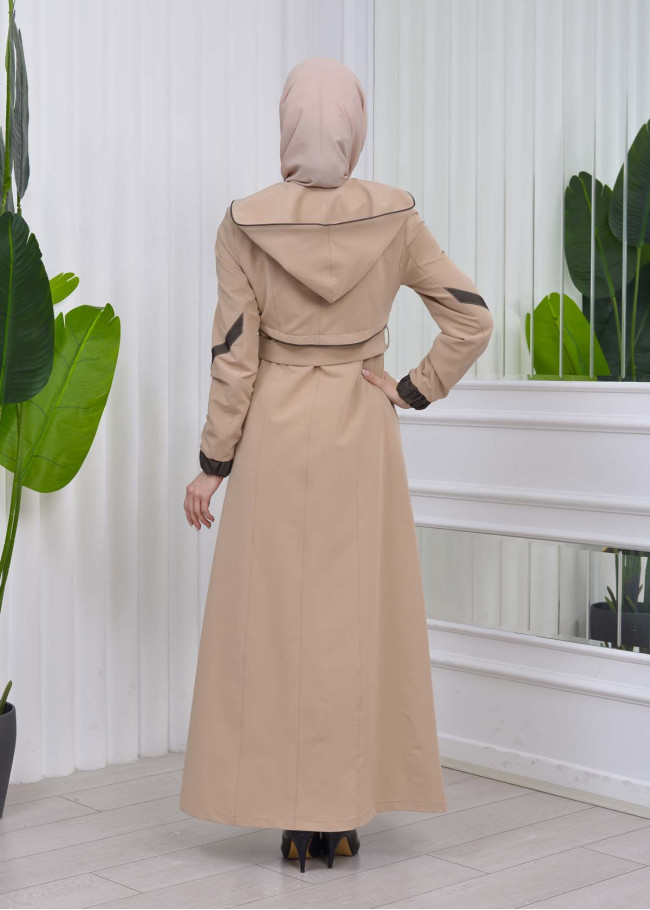 Belted Hooded Hijab Parachute Topcoat 1211 Bej