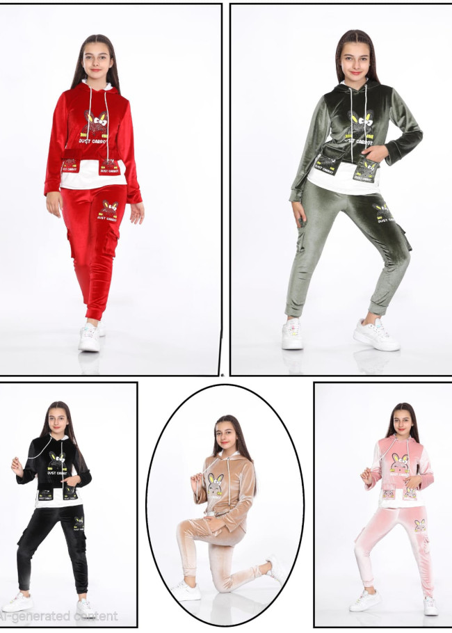 Girls Korean Velvet Pajama Set - Playful Design - Code 3100 - khaki