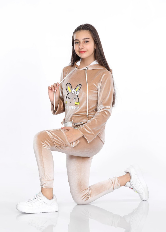 Girls Korean Velvet Pajama Set - Playful Design - Code 3100 - beige