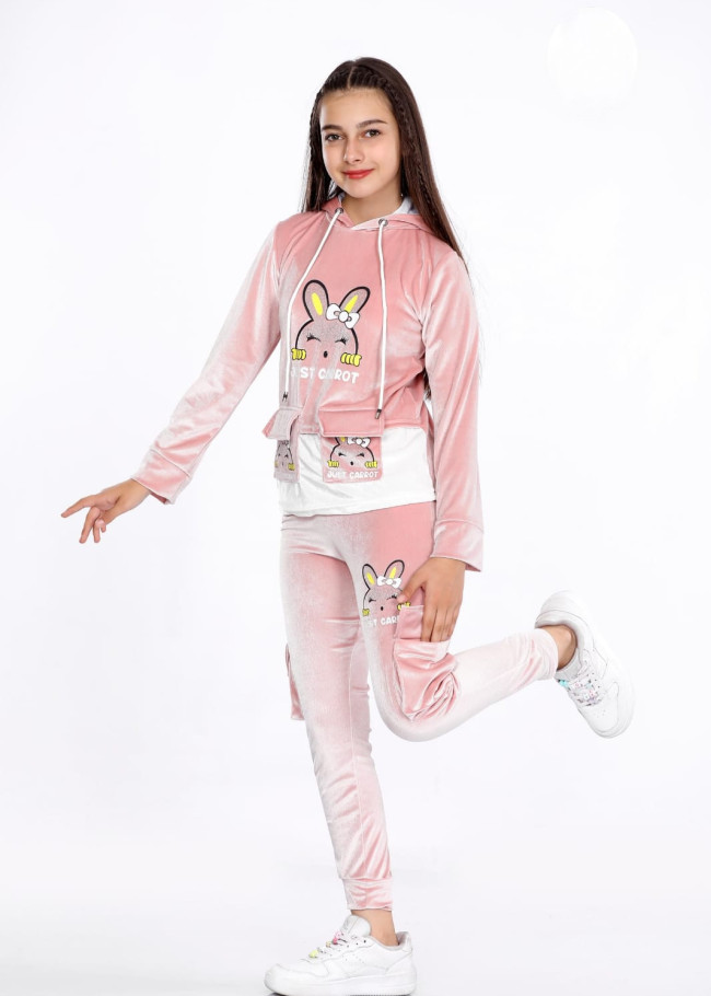 Kız Çocuk Kadife Kore Pijama Takımı - Eğlenceli Tasarım - Kod 3100 - Pudra