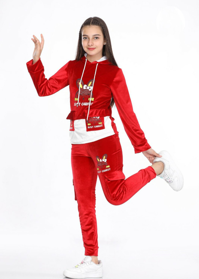 Girls Korean Velvet Pajama Set - Playful Design - Code 3100 - burgundy