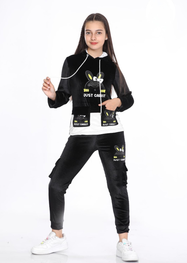 Girls Korean Velvet Pajama Set - Playful Design - Code 3100 - black