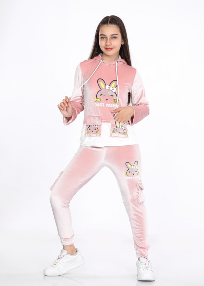 Kız Çocuk Kadife Kore Pijama Takımı - Eğlenceli Tasarım - Kod 3100 - Pudra