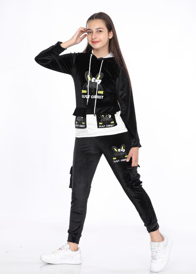 Girls Korean Velvet Pajama Set - Playful Design - Code 3100 - black