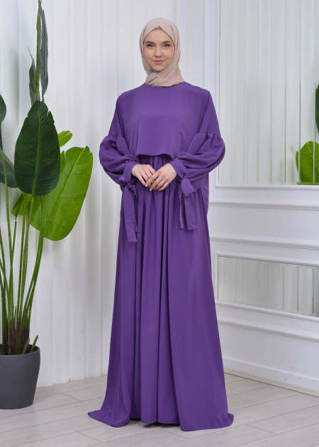 Lace up Sleeve Simple Hijab Dress 831 - purpul - HIJAB CLOTHING - Moda Mix  | Moda Mix