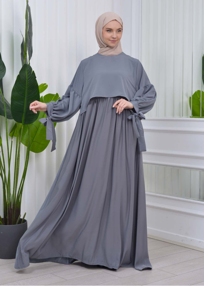 Lace up Sleeve Simple Hijab Dress 831 Antrasit