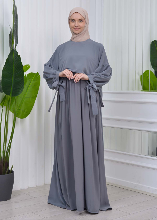 Lace up Sleeve Simple Hijab Dress 831 Antrasit