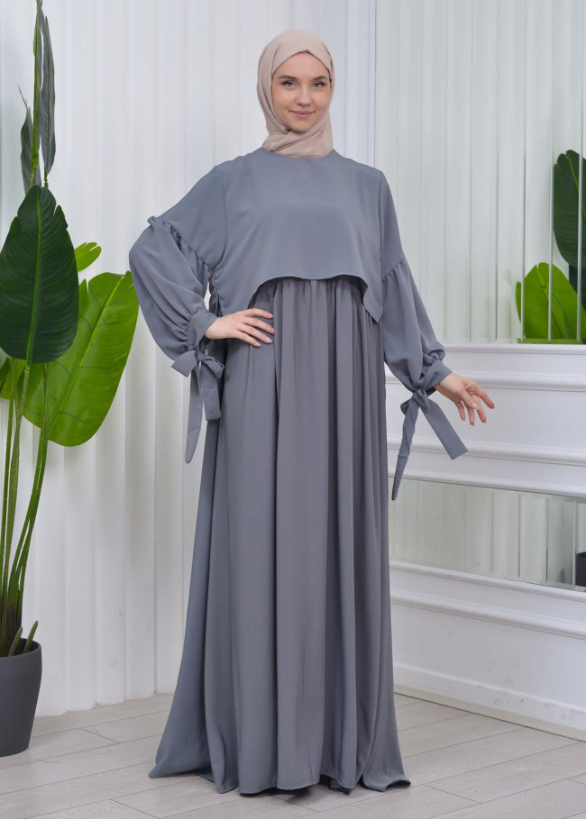 Lace up Sleeve Simple Hijab Dress 831 Antrasit
