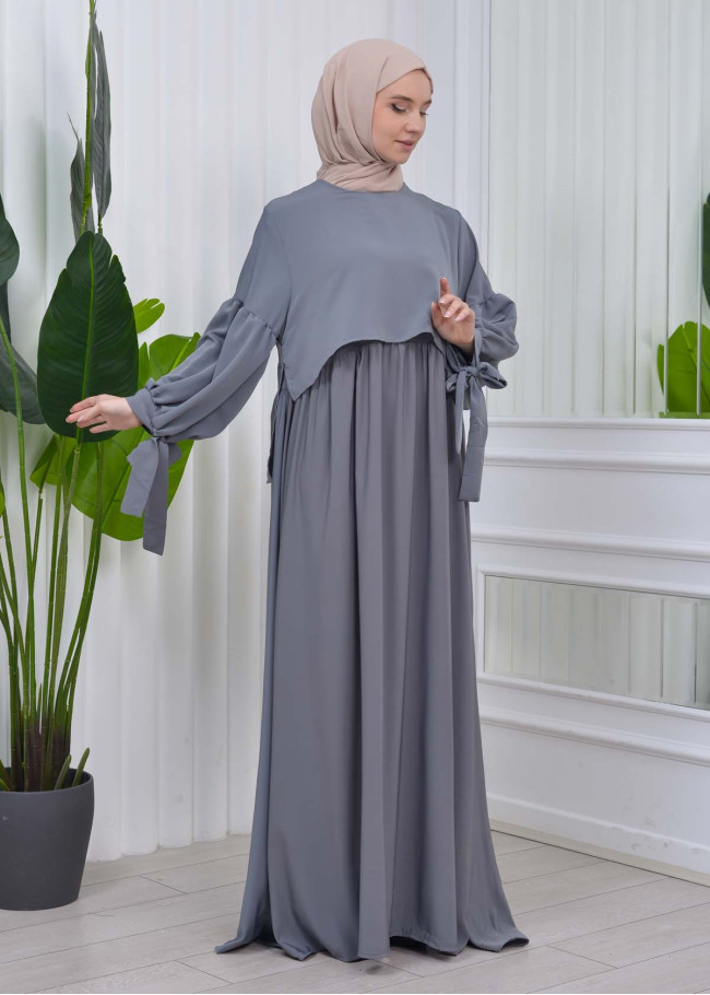 Lace up Sleeve Simple Hijab Dress 831 Antrasit