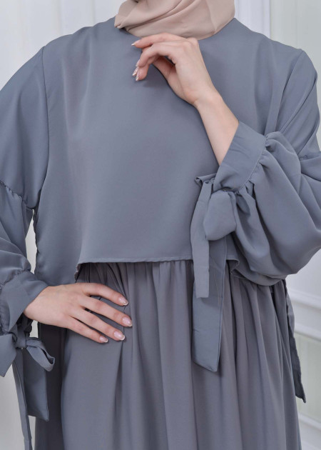 Lace up Sleeve Simple Hijab Dress 831 - purpul - HIJAB CLOTHING