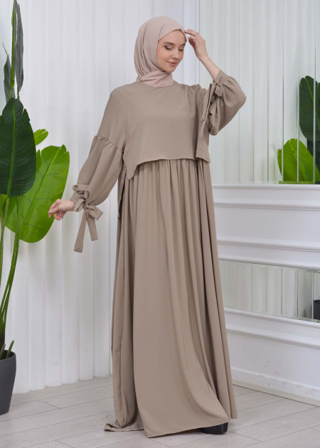 Lace up Sleeve Simple Hijab Dress 831 açık kahve 0083101800-982