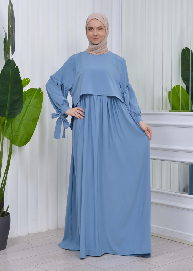 Lace up Sleeve Simple Hijab Dress 831 Bebe Mavi