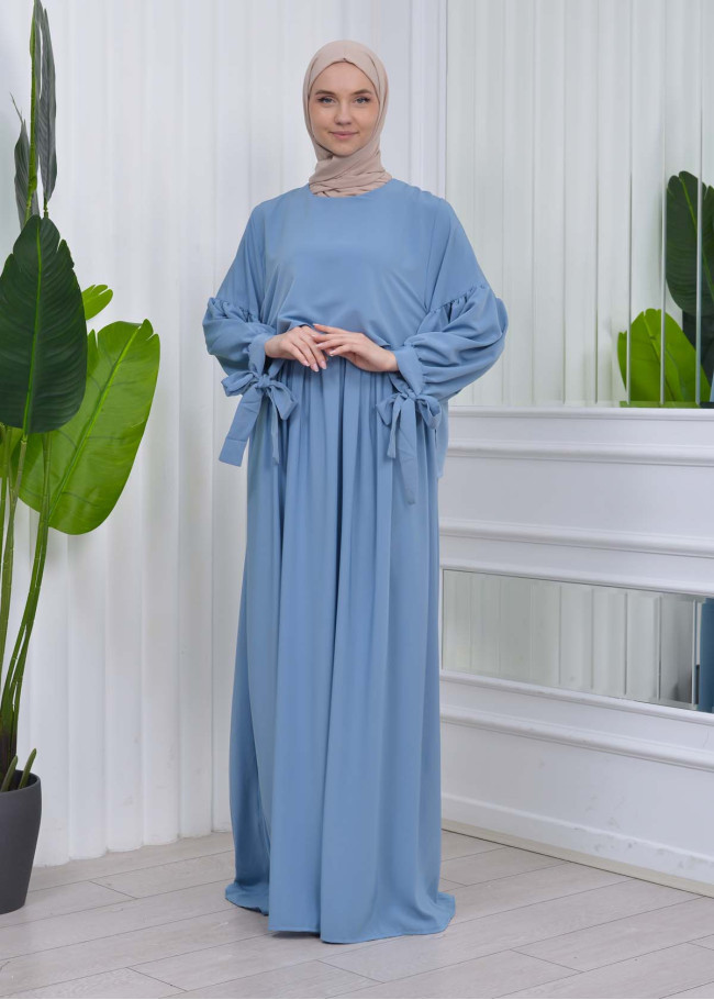 Lace up Sleeve Simple Hijab Dress 831 Bebe Mavi