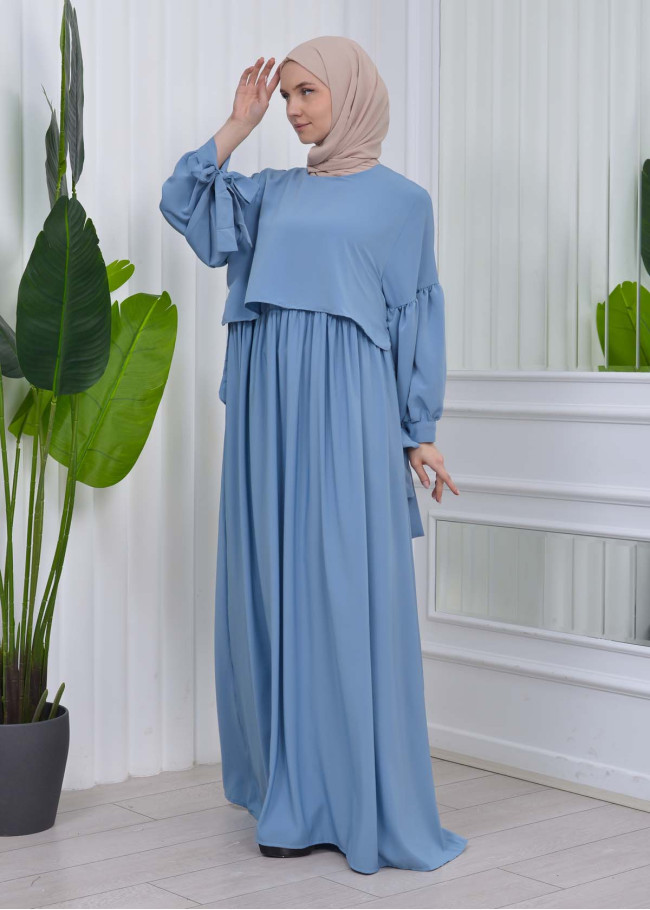 Lace up Sleeve Simple Hijab Dress 831 Bebe Mavi