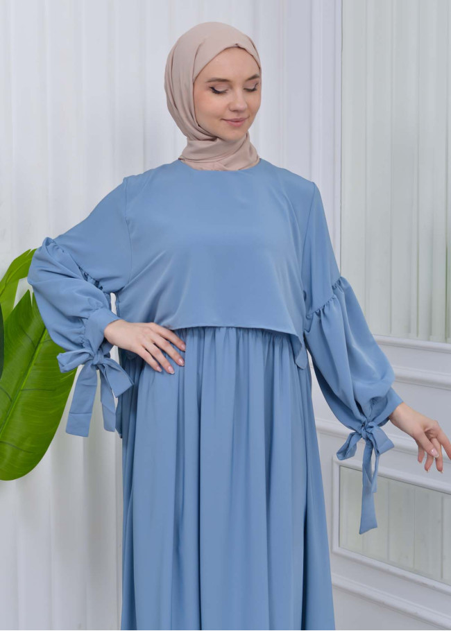 Lace up Sleeve Simple Hijab Dress 831 Bebe Mavi