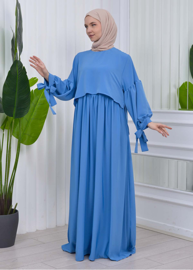 Lace up Sleeve Simple Hijab Dress 831 Mavi