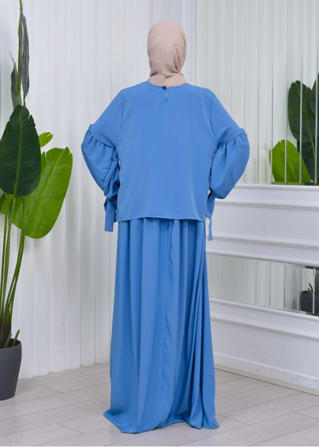Lace up Sleeve Simple Hijab Dress 831 Mavi