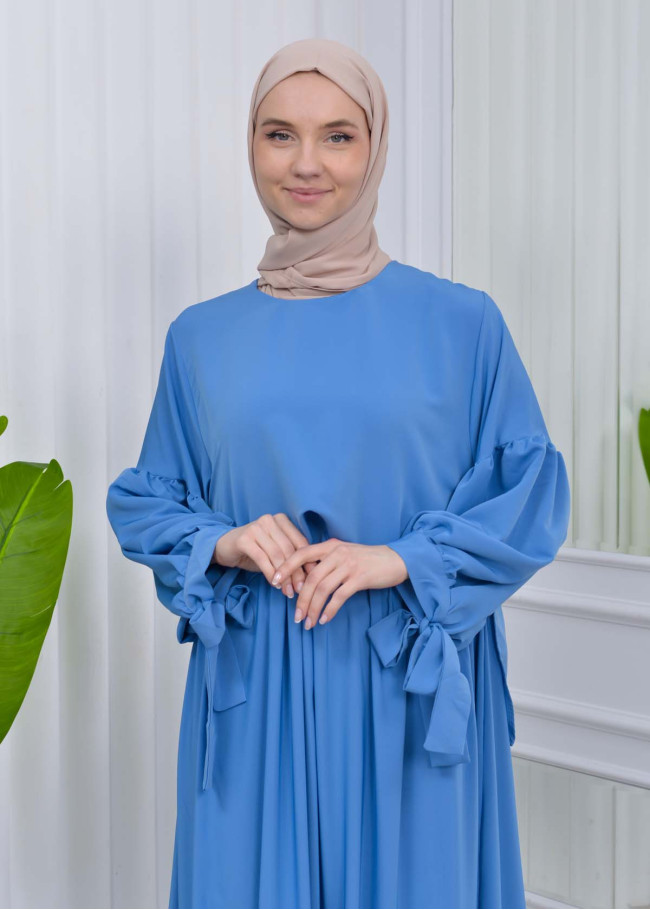 Lace up Sleeve Simple Hijab Dress 831 Mavi
