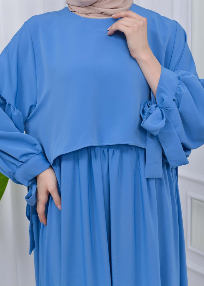 Lace up Sleeve Simple Hijab Dress 831 Mavi