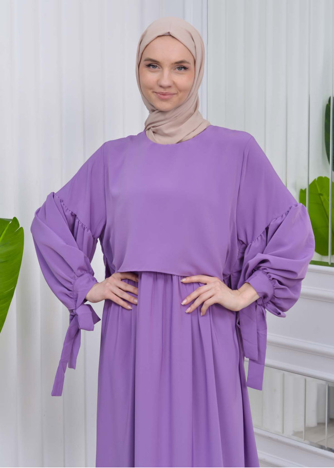 Kollu bağcıklı Düz Tesettür Elbise 831 Lila