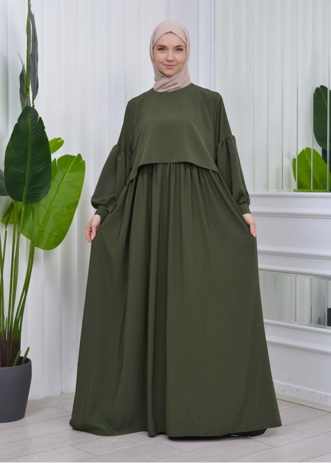 Lace up Sleeve Simple Hijab Dress 831 Haki