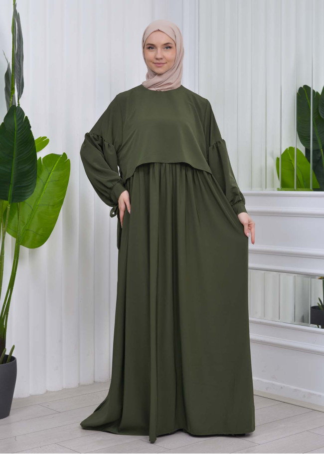 Lace up Sleeve Simple Hijab Dress 831 Haki