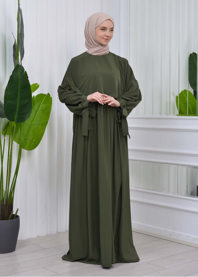 Lace up Sleeve Simple Hijab Dress 831 Haki