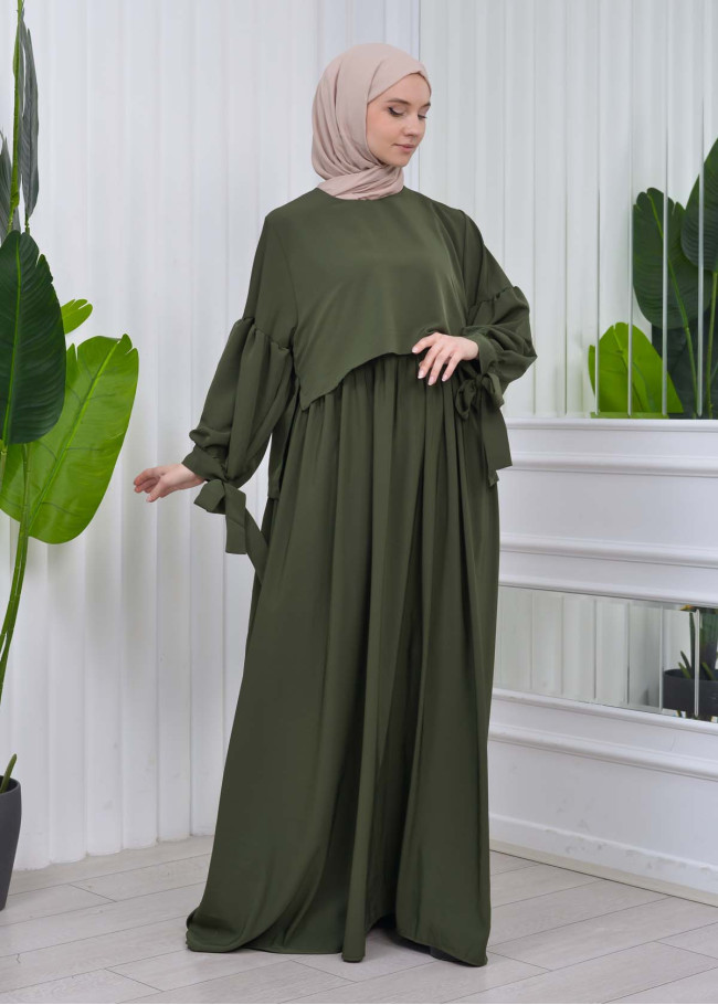 Lace up Sleeve Simple Hijab Dress 831 Haki