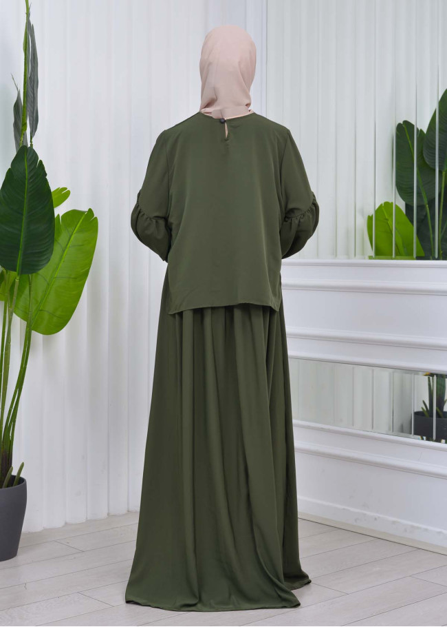 Lace up Sleeve Simple Hijab Dress 831 Haki