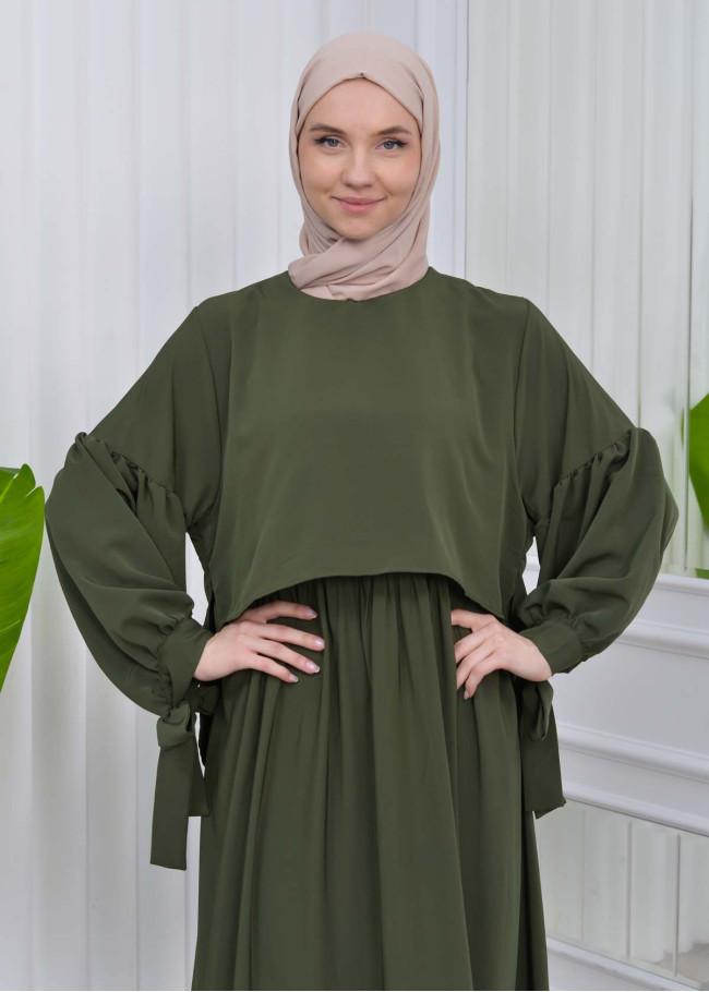 Lace up Sleeve Simple Hijab Dress 831 Haki