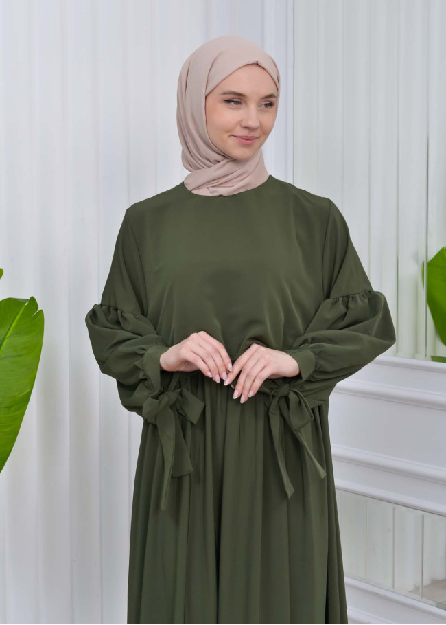 Lace up Sleeve Simple Hijab Dress 831 Haki