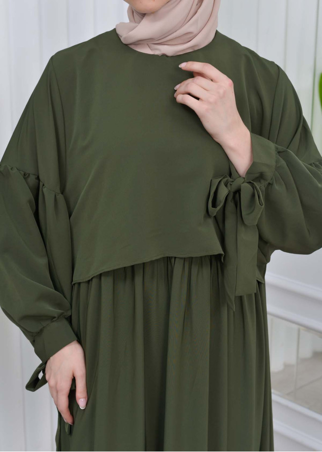 Lace up Sleeve Simple Hijab Dress 831 Haki