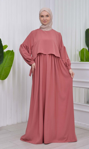 فستان محجبات بأكمام ربط 831 - وردي