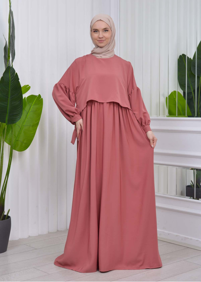 Lace up Sleeve Simple Hijab Dress 831 Açık Pembe