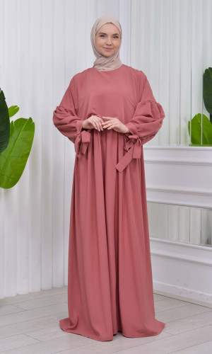 فستان محجبات بأكمام ربط 831 - وردي