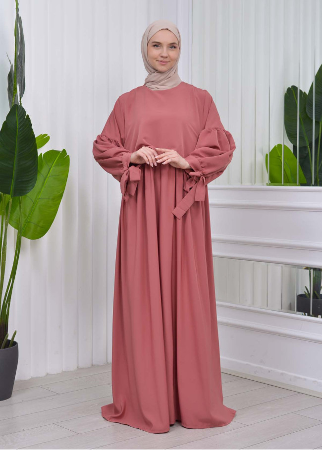 Lace up Sleeve Simple Hijab Dress 831 Açık Pembe