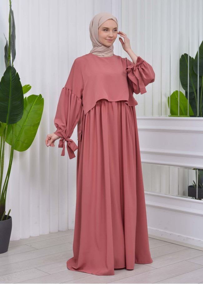 Lace up Sleeve Simple Hijab Dress 831 Açık Pembe
