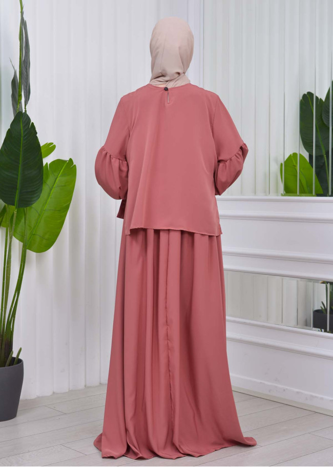 Lace up Sleeve Simple Hijab Dress 831 Açık Pembe