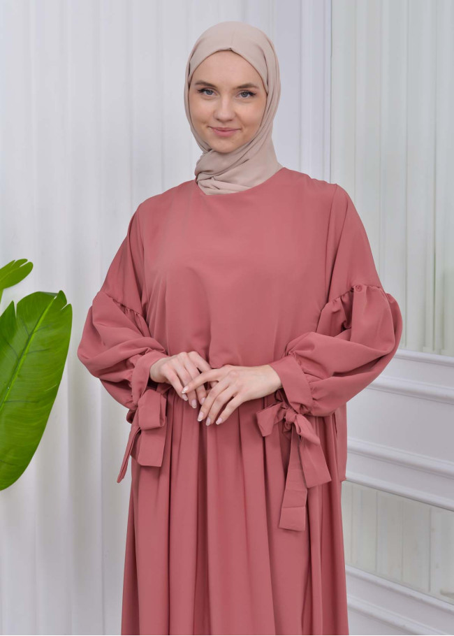 Lace up Sleeve Simple Hijab Dress 831 Açık Pembe