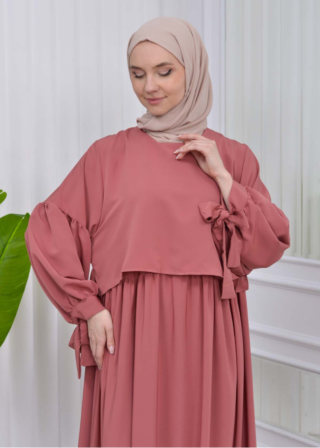 Lace up Sleeve Simple Hijab Dress 831 Açık Pembe