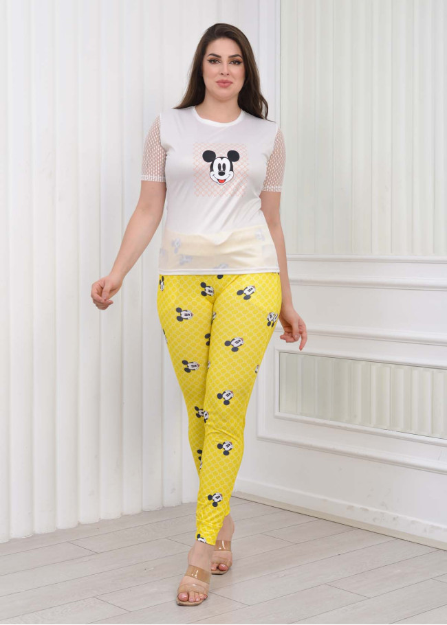 طقم تي شورت نسائي قطعتين - كم قصير دانتيل 1080 Sarı