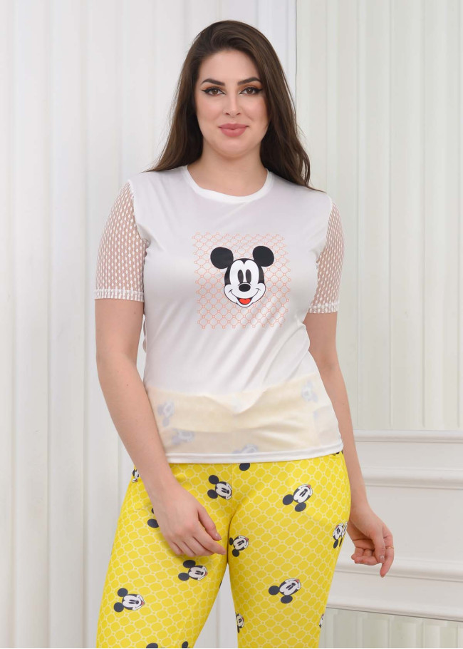 طقم تي شورت نسائي قطعتين - كم قصير دانتيل 1080 Sarı