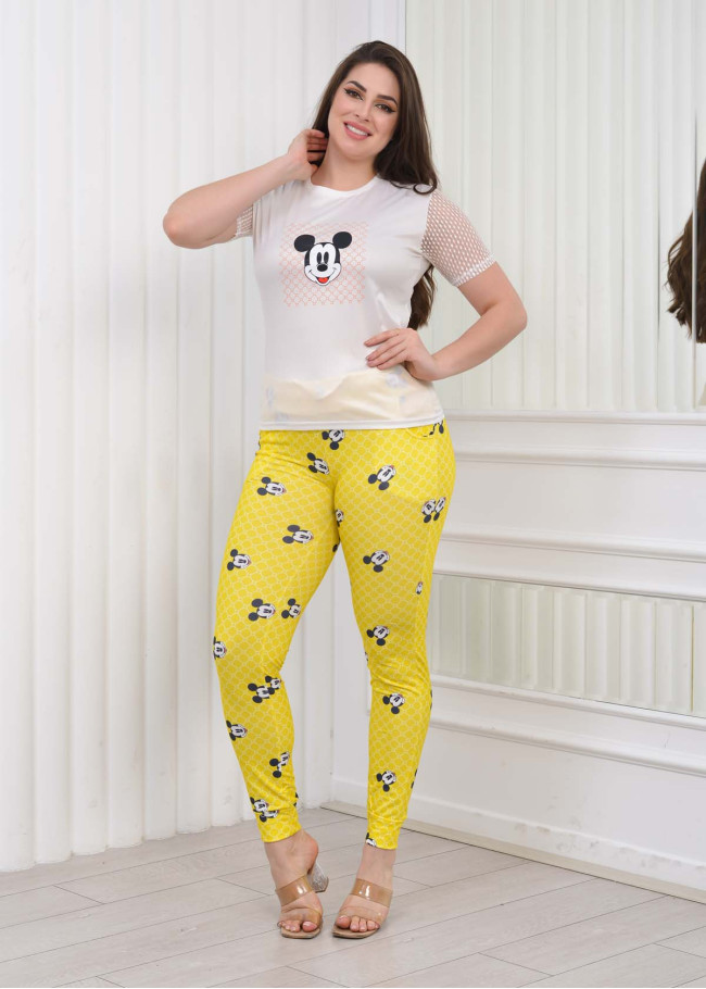 طقم تي شورت نسائي قطعتين - كم قصير دانتيل 1080 Sarı