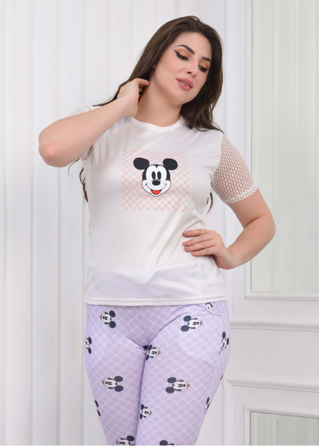 Women's T-Shirt Trousers Pajamas Set with Lace on the Sleeve 1080 Lila