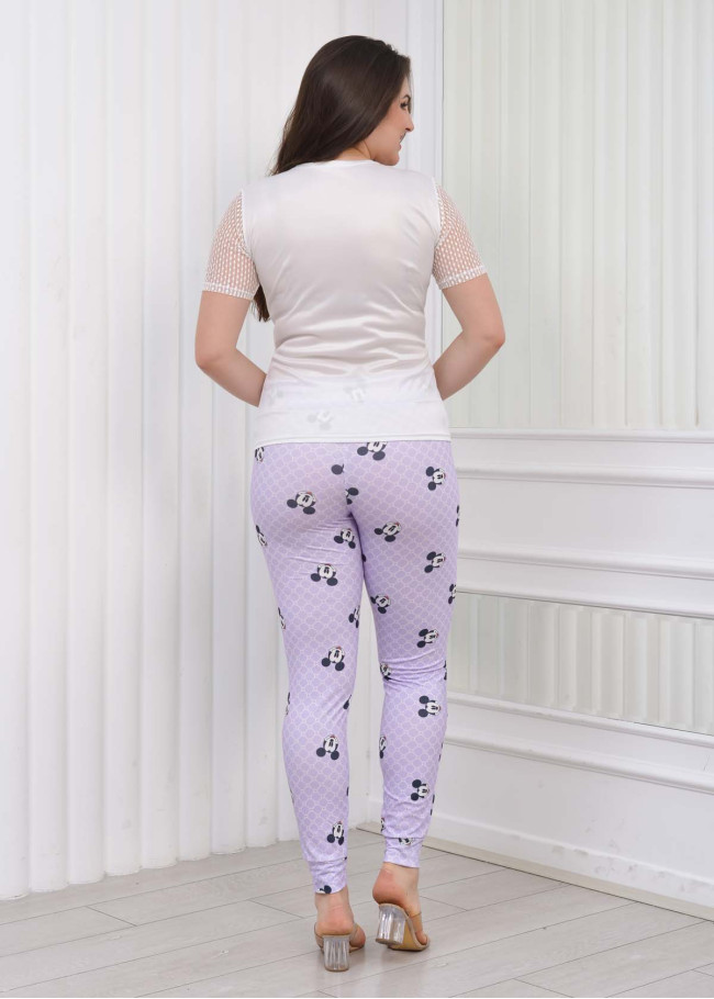Women's T-Shirt Trousers Pajamas Set with Lace on the Sleeve 1080 Lila