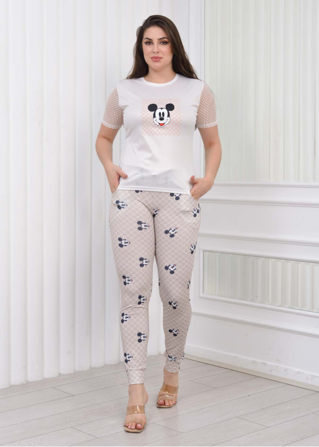 Women's T-Shirt Trousers Pajamas Set with Lace on the Sleeve 1080 Bej